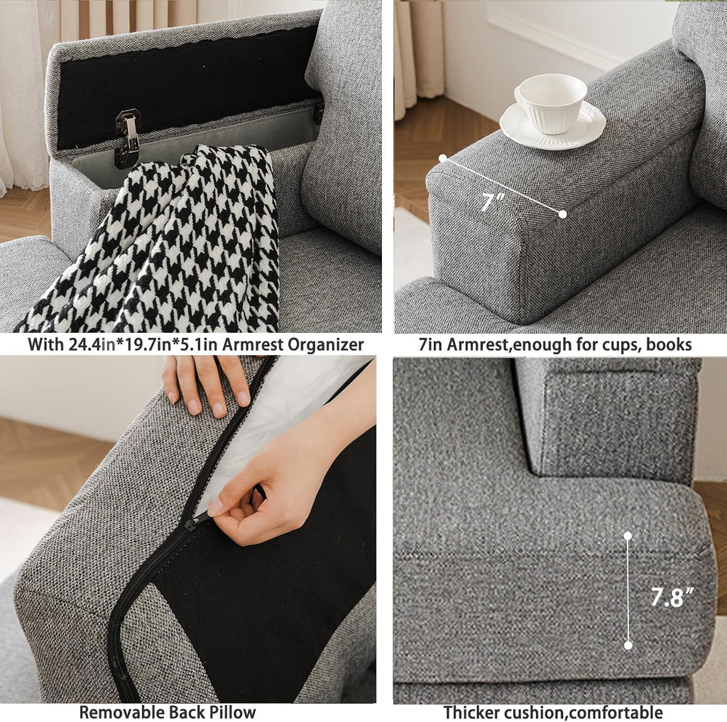 Oversized Accent Chair with Armrest Organizer,Comfy Living Room Chairs with Thick Cushion,Upholstered Armchair with Storage,Big Reading Chair,Sofa Chair for Bedroom,Linen,Dark Gray
