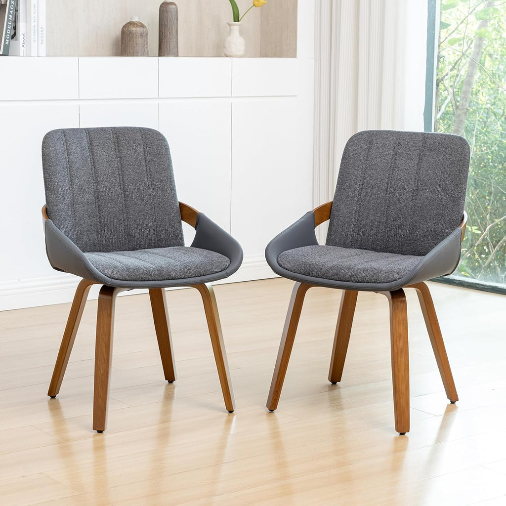 Dining Room Chairs Set of 2, Mid Century Modern Gray Fabric+Faux Leather Kitchen Chairs No Arms,Bamboo Legs Side Chairs No Wheels,Accent Chair for Dining Rooms