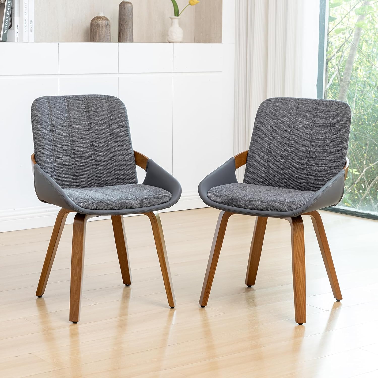 Dining Room Chairs Set of 2, Mid Century Modern Gray Fabric+Faux Leather Kitchen Chairs No Arms,Bamboo Legs Side Chairs No Wheels,Accent Chair for Dining Rooms