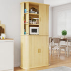 iPormis Kitchen Pantry with Sliding Doors, Tall Modern Curved Pantry Storage Cabinets with Drawer & Pull Out Shelves, 64" Freestanding Wood Cupboard for Kitchen Dining Room Living Room, Natural Brown