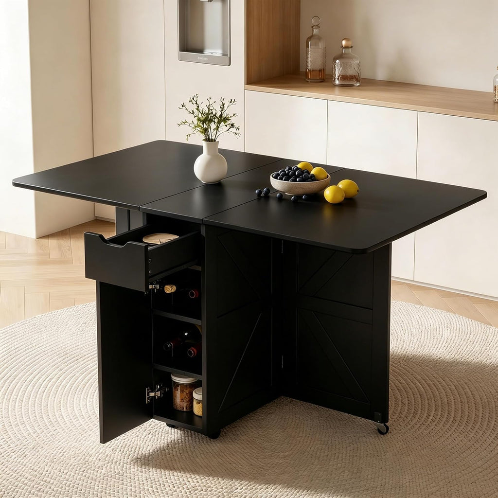 Folding Dining Table with Drawer and Storage Shelves, 53" Space Saving Foldable Dining Table with 6 Wheels, Drop Leaf Table for Small Spaces