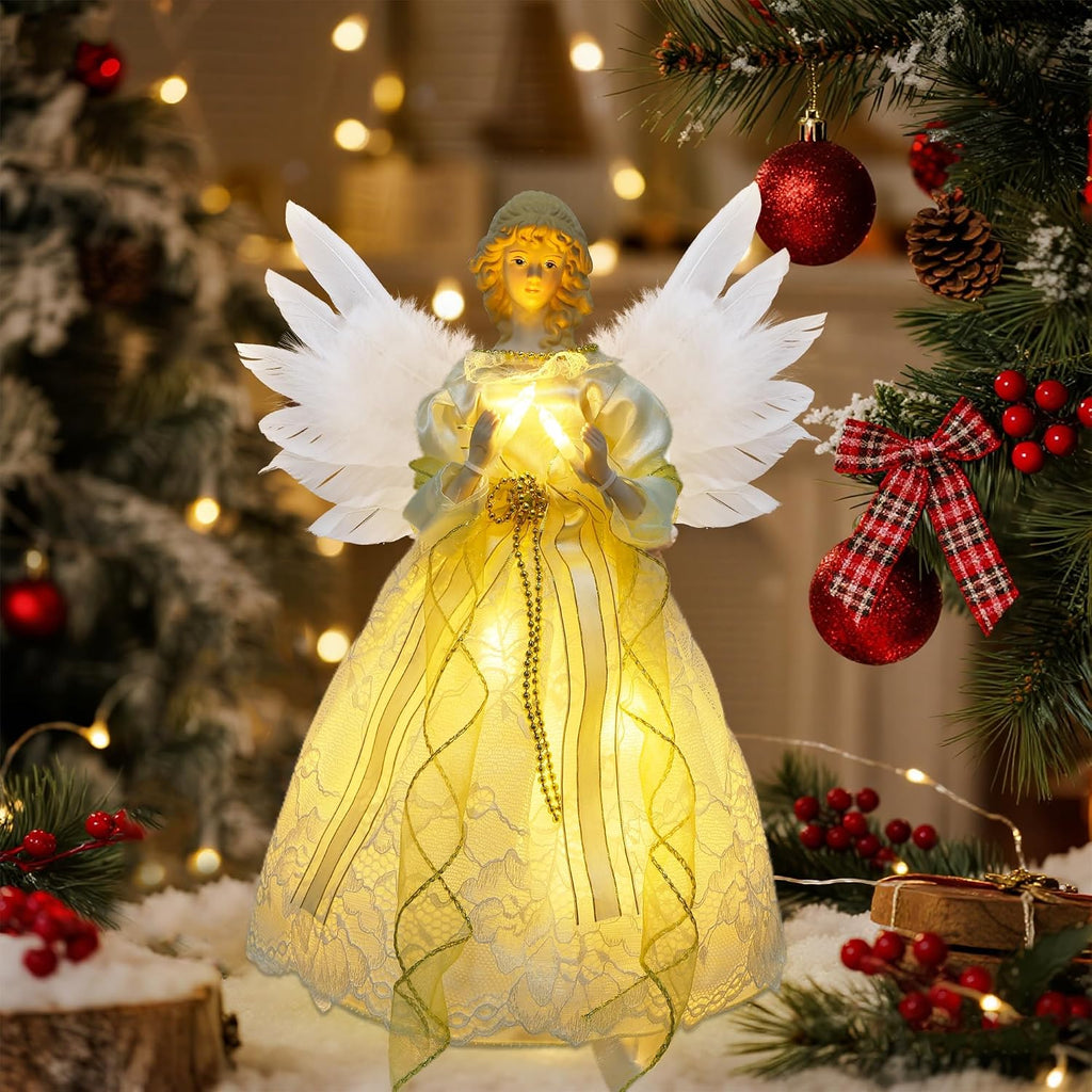 YOFIT 12-inch Lighted Angel Christmas Tree Topper - Battery Operated with Warm White LED Lights, Angel Ornaments for Xmas Tree Decor, Home Holiday Decorations