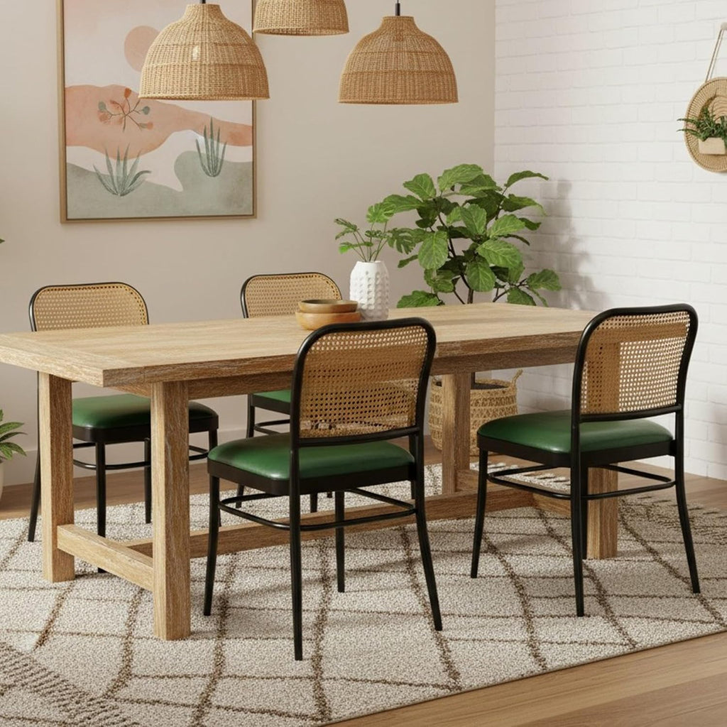 Rattan Dining Chairs Set of 4, Mid-Century Modern, Green | Cane Back Design, Faux Leather Upholstery, Boho Style, Comfortable Padded Seat, 350 LBS Weight Capacity
