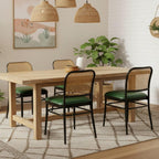 Rattan Dining Chairs Set of 4, Mid-Century Modern, Green | Cane Back Design, Faux Leather Upholstery, Boho Style, Comfortable Padded Seat, 350 LBS Weight Capacity