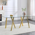 71" Glass Gold Dining Table for 6-8, Modern Dining Room Table with 0.39" Tempered Glass Top and 6 Metal Round Tube Legs, Rectangle Kitchen Dinner Table for Dining Room