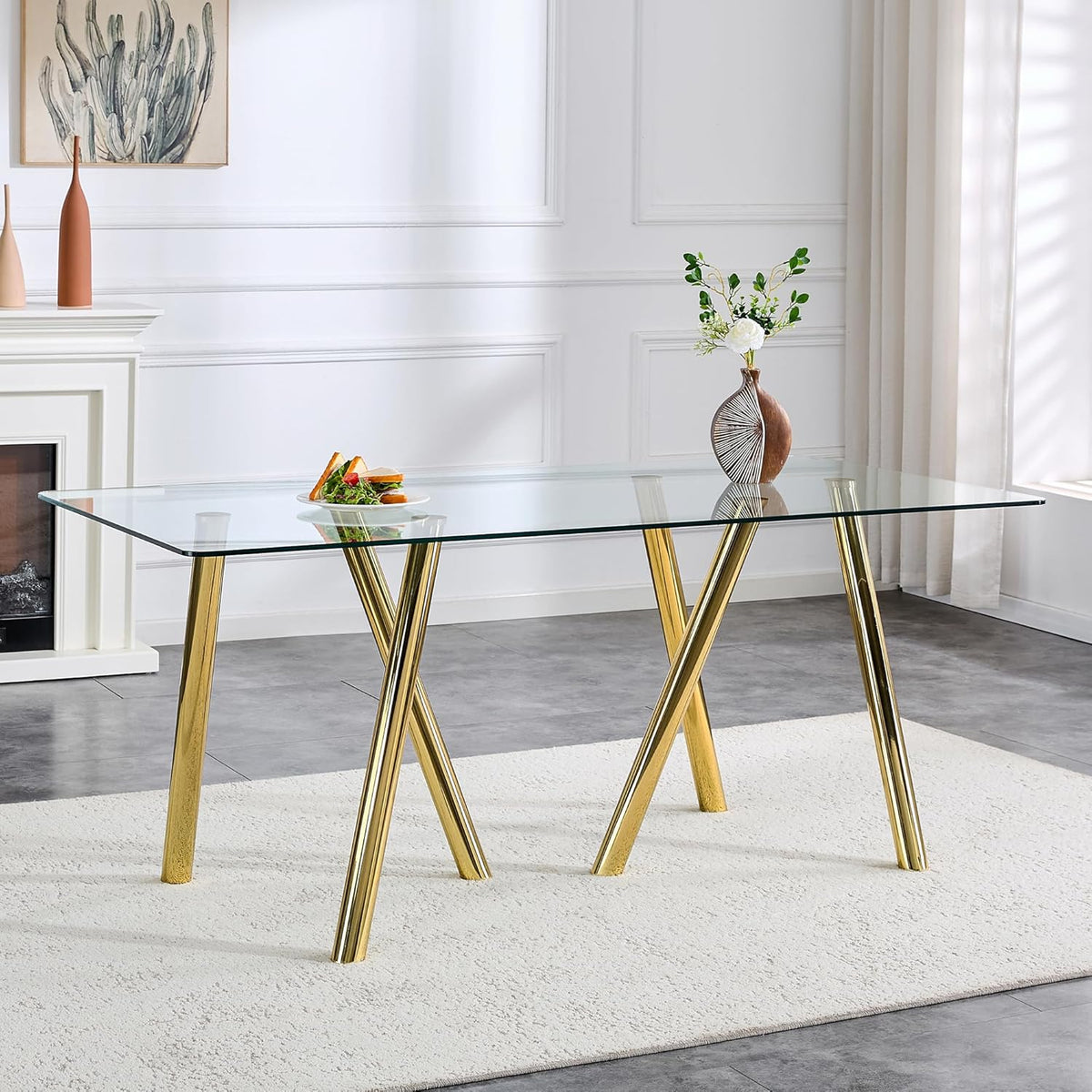 71" Glass Gold Dining Table for 6-8, Modern Dining Room Table with 0.39" Tempered Glass Top and 6 Metal Round Tube Legs, Rectangle Kitchen Dinner Table for Dining Room