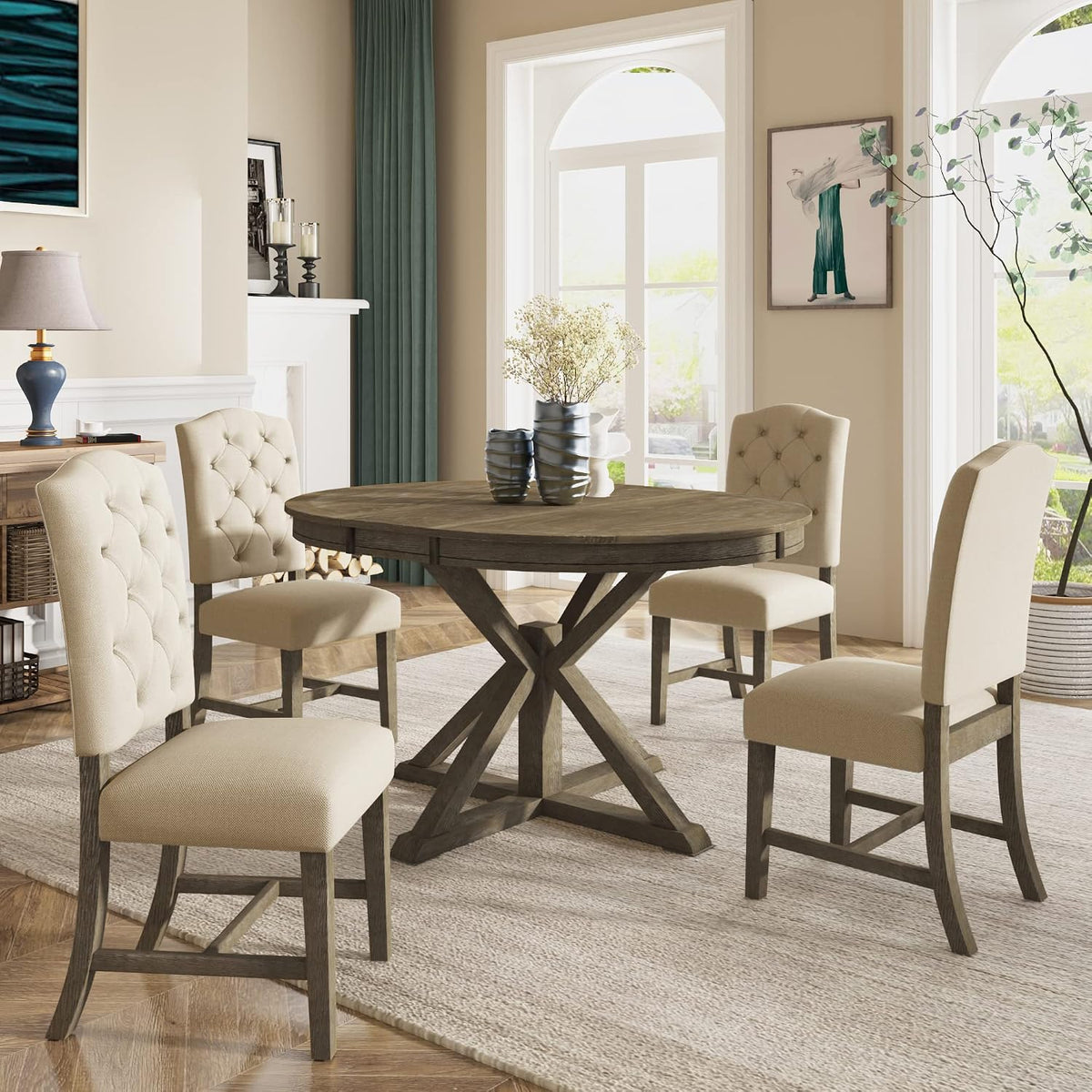 54'' Round Oval Dining Table Extendable Kitchen Table for 4-6, Modern Mid-Century Retro Style Wood Dining Room Table with a 12" Leaf for Living Room Kitchen, Natural Wood Wash
