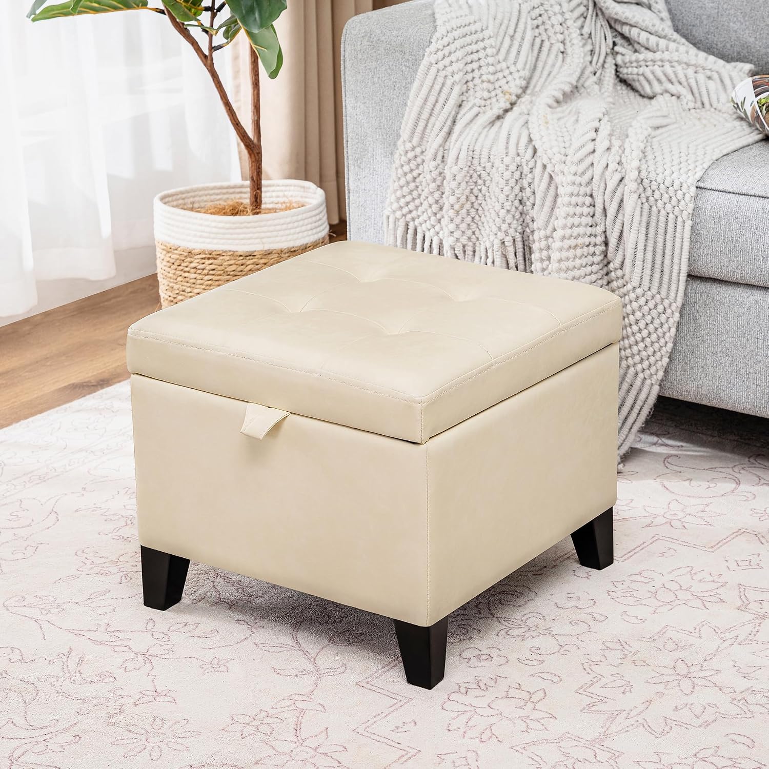 Asense 17 Inch Storage Ottoman Foot Rest,Square Faux Leather Foot Stool,Small Ottoman with Storage,Padded Seat for Entryway,Living Room,Bedroom,Couch,Under Desk,Beige