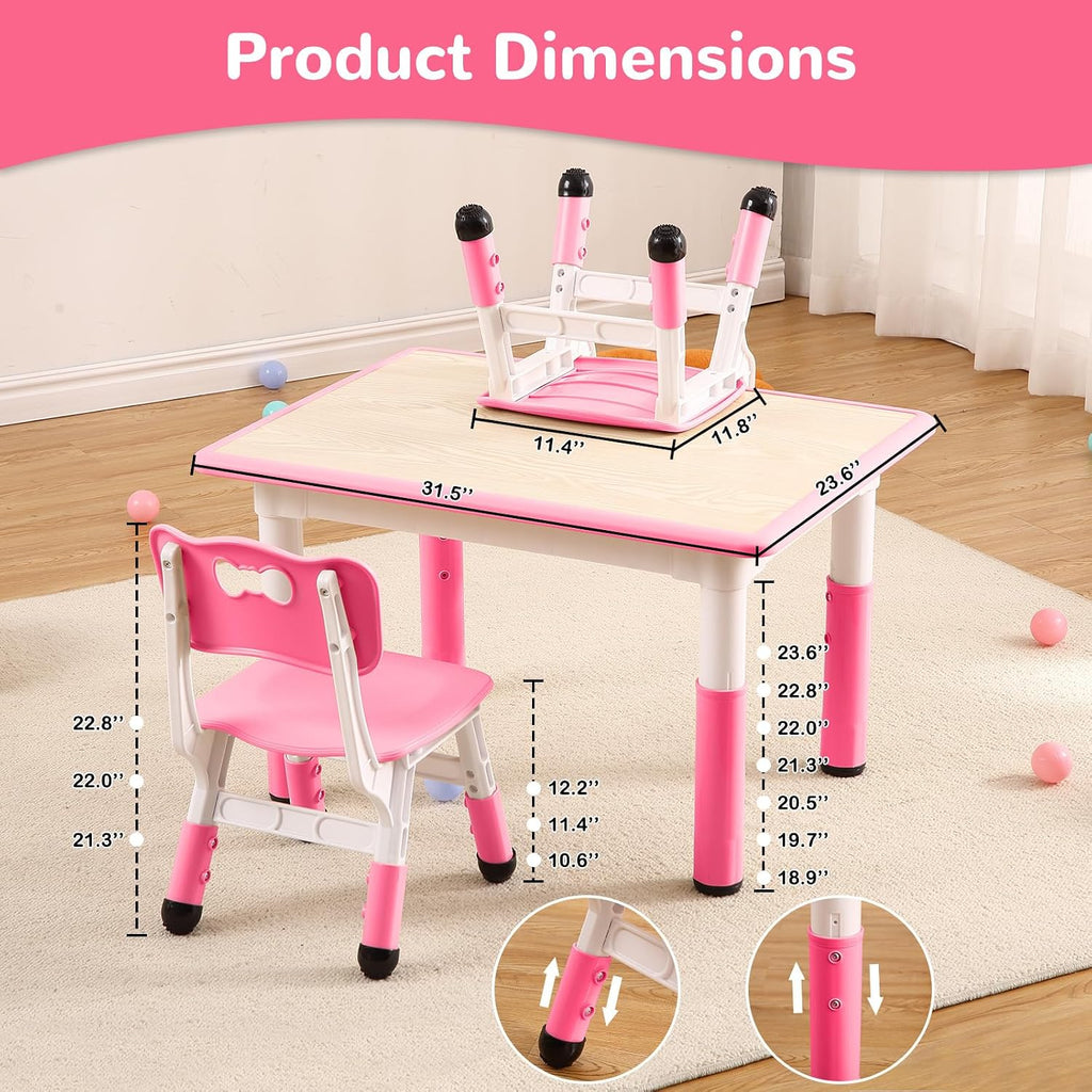 Kids Table and Chairs, Height Adjustable Toddler Table and 4 Chair, Multi-Activity Table with Graffiti Desktop Non-Slip Legs for Ages 2-10, Children Activity Table for Daycare, Classroom, Home