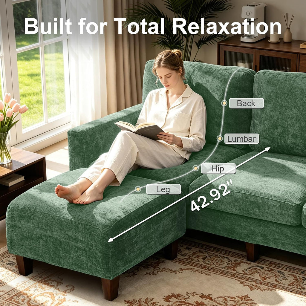 L Shaped Sectional Couch for Living Room, Modular Small Sofa with Ottoman | 96 Inch, 3 Deep Seats, Green, Chenille, Easy Tool-Free Assembly, Modern Compact Sofa Set for Apartment, Office, Small Space