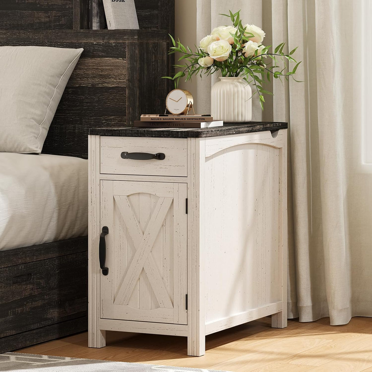 ONBRILL Farmhouse End Table with Charging Station, Narrow Side Table with Barn Door, Rustic Wood Sofa Side Table with Drawer and Storage Cabinet, 23.5" Small Nightstand for Living Room (Rustic White)