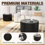 Round Wood Nesting Coffee Table Set, Wood Base Circle Center Table for Living Room, Modern Fluted Drum Side Tables Set of 2 for Apartment Small Space, Easy Assembly