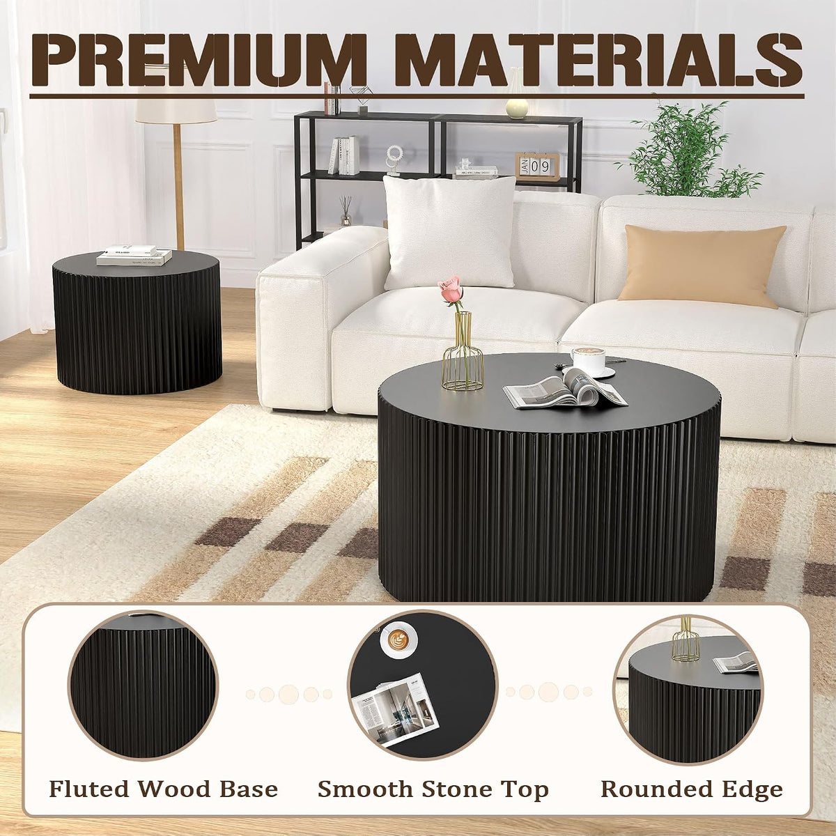 Round Wood Nesting Coffee Table Set, Wood Base Circle Center Table for Living Room, Modern Fluted Drum Side Tables Set of 2 for Apartment Small Space, Easy Assembly