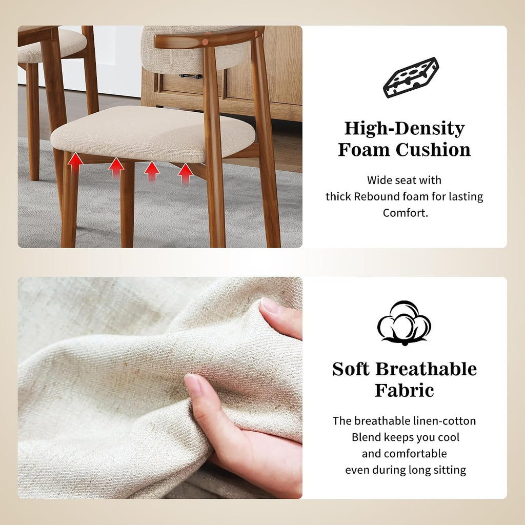 Wooden Dining Chairs Set of 4 Mid Century Modern Upholstered Farmhouse Dining Room Chair with Solid Wood Legs, Fabric Kitchen Side Chairs with Ergonomic Curved Backrest (4, Walnut + Beige)