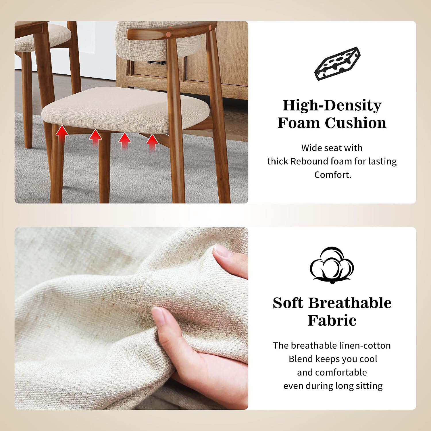 Wooden Dining Chairs Set of 4 Mid Century Modern Upholstered Farmhouse Dining Room Chair with Solid Wood Legs, Fabric Kitchen Side Chairs with Ergonomic Curved Backrest (4, Walnut + Beige)