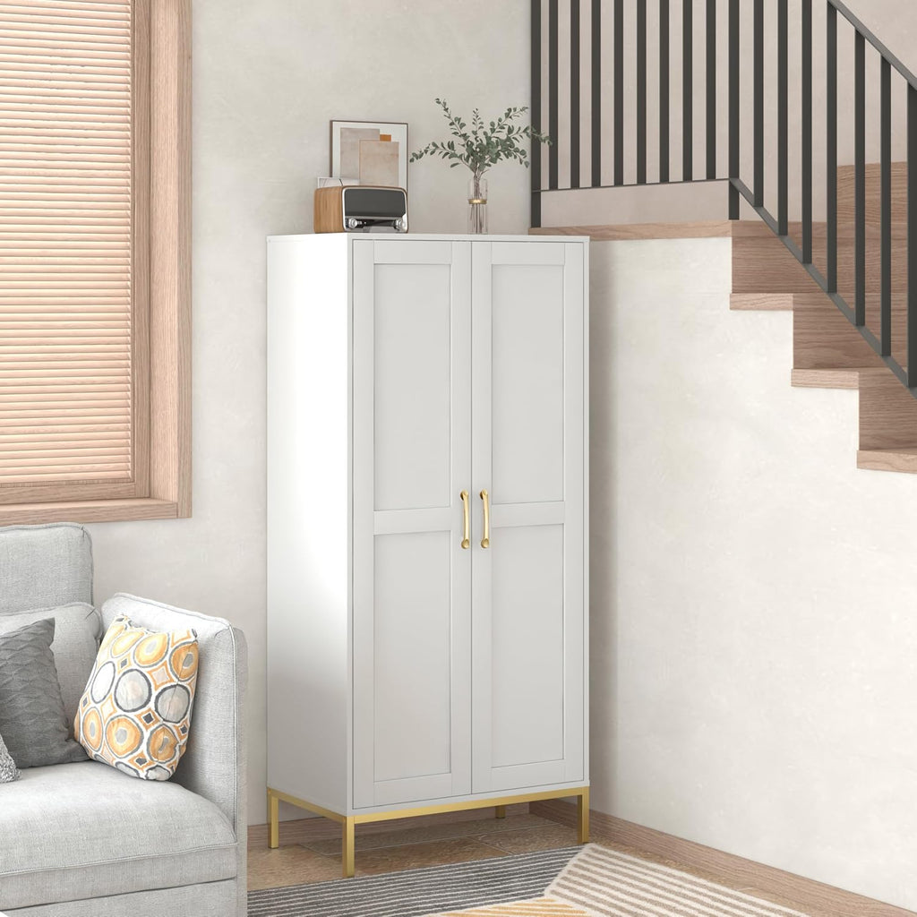 Kitchen Pantry Cabinet,Kitchen Pantry with 2 Adjustable Shelves,4 Shelf Cabinet,Freestanding Floor Cabinet,Unit for Garage Storage,Pantry,Laundry Room,Organization and Storage,White