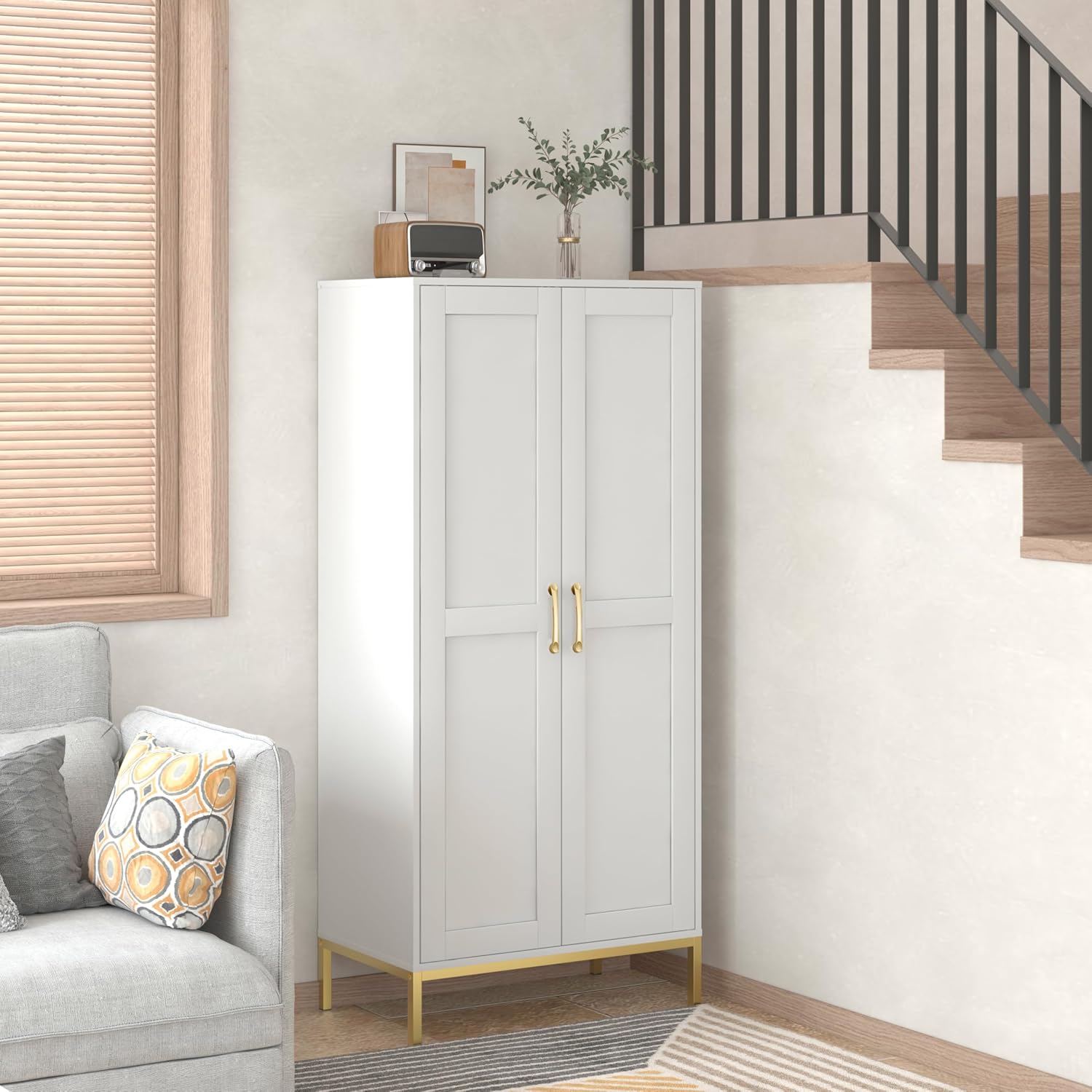 Kitchen Pantry Cabinet,Kitchen Pantry with 2 Adjustable Shelves,4 Shelf Cabinet,Freestanding Floor Cabinet,Unit for Garage Storage,Pantry,Laundry Room,Organization and Storage,White
