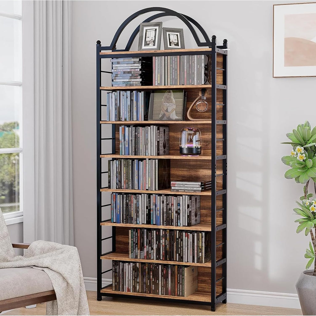 CD Storage Rack Holds 400+ CDs, 8-Tier CD DVD Storage Tower Organizer, Large Media Storage Shelf with Adjustable Feet for Living Room Bedroom Home Entertainment, Rustic Brown