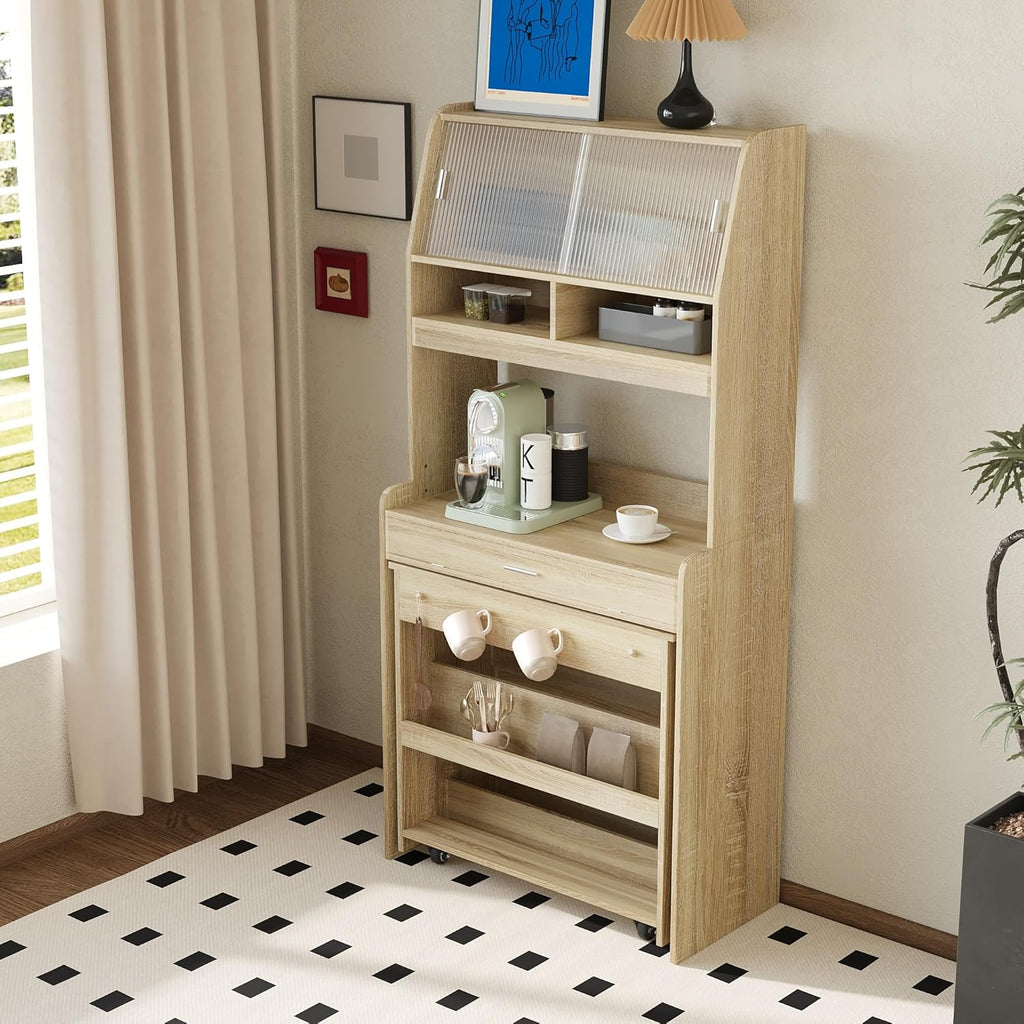 JIJIWANG Compact 33.5x15.7x69inch Buffet with Hutch and Foldable Dining Table, Multifunctional Cupboard with Storage Shelf and Side Hooks for Small Places (Natural Oak, 66.1" L x 31.5" W x 69" H)