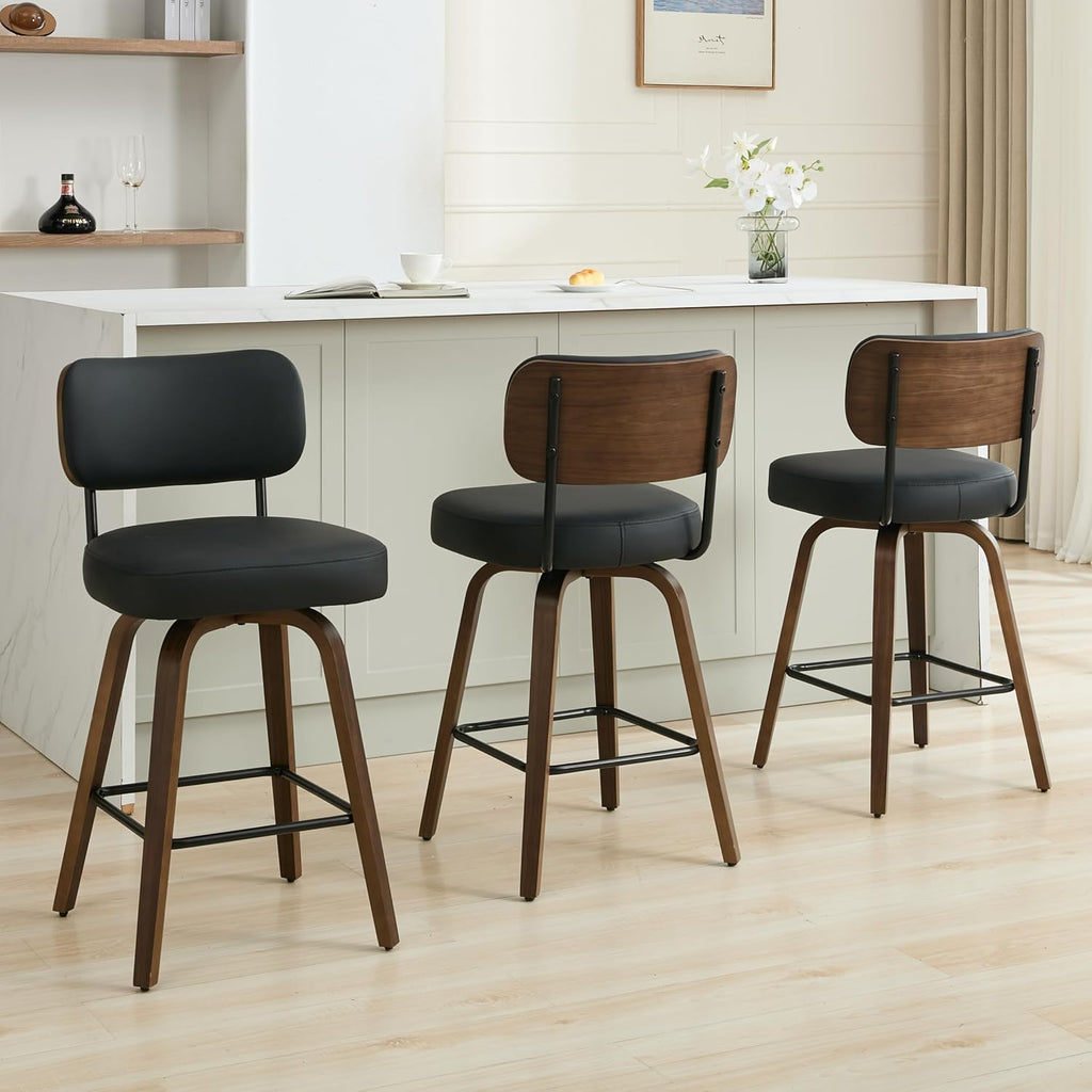 Swivel Bar Stools Set of 3, 26" Counter Height, Black | Walnut Wood Legs, Upholstered Seat, Supportive Backrest, Easy-Clean Faux Leather, Mid-Century Modern, 4-Inch Cushion