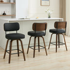 Swivel Bar Stools Set of 3, 26" Counter Height, Black | Walnut Wood Legs, Upholstered Seat, Supportive Backrest, Easy-Clean Faux Leather, Mid-Century Modern, 4-Inch Cushion