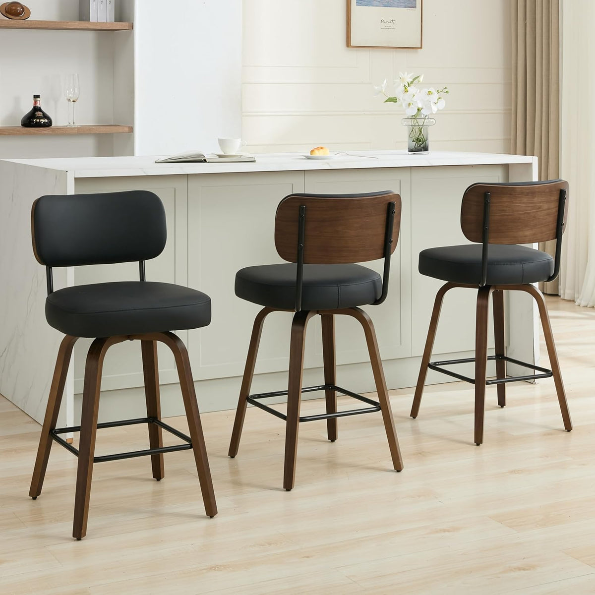 Swivel Bar Stools Set of 3, 26" Counter Height, Black | Walnut Wood Legs, Upholstered Seat, Supportive Backrest, Easy-Clean Faux Leather, Mid-Century Modern, 4-Inch Cushion