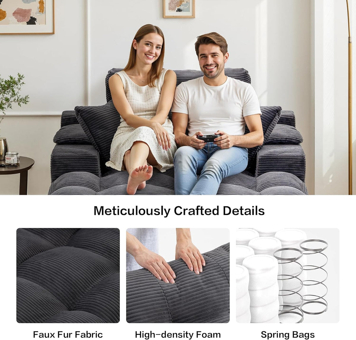 50" Oversized Chaise Lounge Chair Indoor, Plush Faux Fur Cloud Sofa Couch with Pillows, No Assembly Deep Seat Reading Chair Bed, Cozy Floor Couch for Living Room or Bedroom