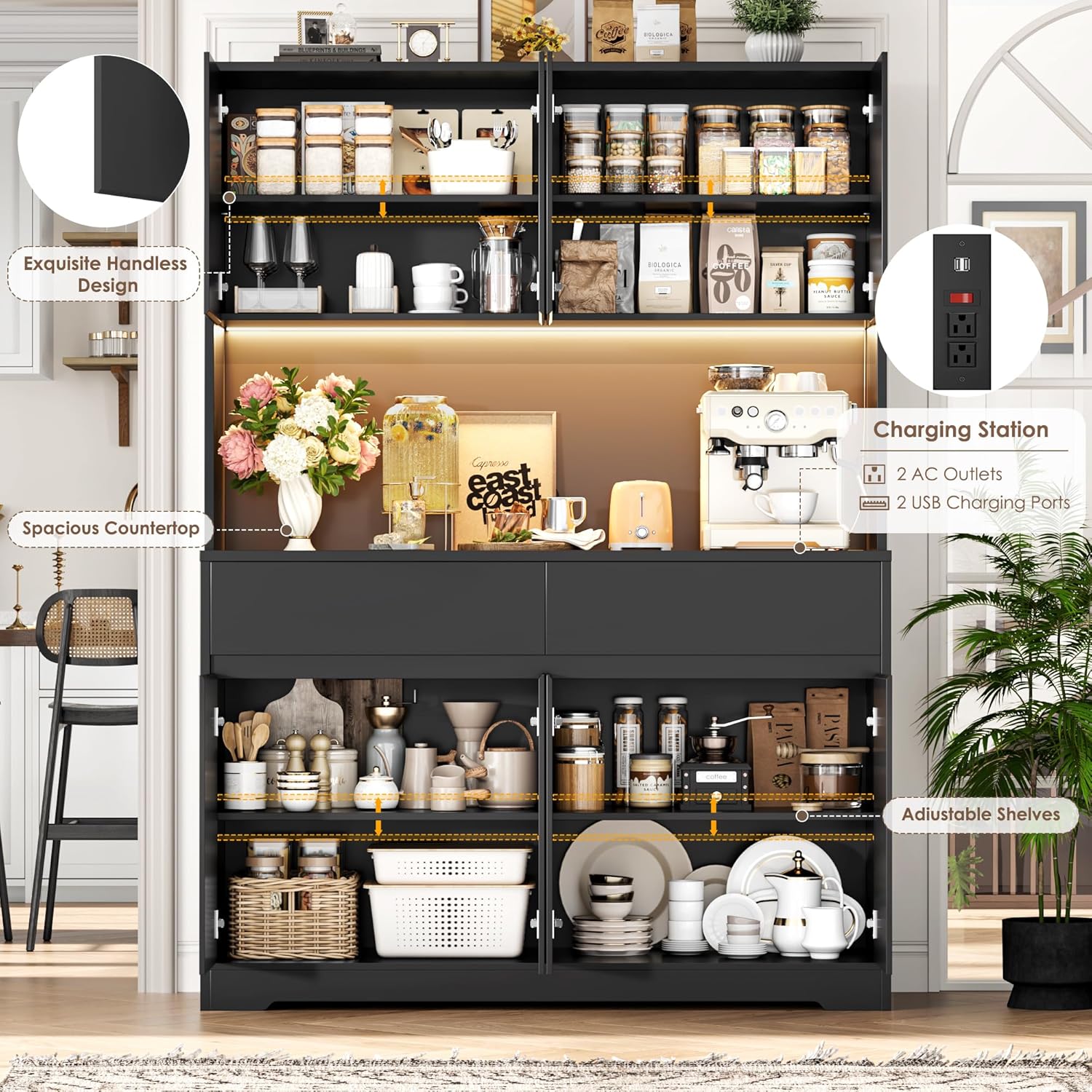 FINETONES 71" Tall Pantry Cabinet with LED Lights and Charging Station, 47.2" Wide Kitchen Pantry Storage Cabinet Kitchen Hutch with Microwave Stand, Tall Storage Cabinet for Living Room, Black