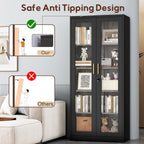 UNICOLY Lockable Display Cabinet with Glass Doors, Curio Cabinets with 4 Adjustable Shelves, Liquor Bookcase Bookshelf with Doors, Metal Storage Cabinet for Living Room Pantry, Black