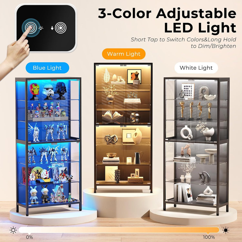 71.2" 6-Tier Display Cabinet with Glass Doors for Collectibles, Black