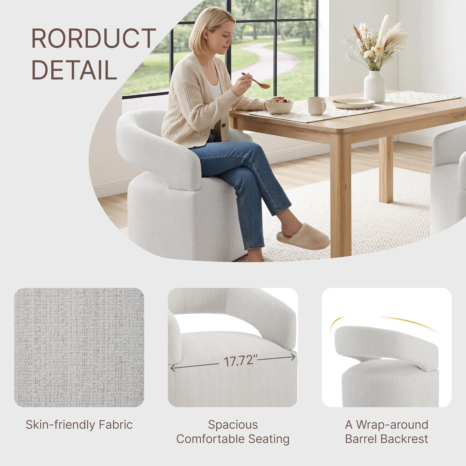 KISLOT Upholstered Dining Chairs Set of 4, Modern Arm Kitchen & Dining Room Chairs with Hidden Casters, Linen Fabric Padded Rolling Chairs, Sturdy Wood Frame, 300 lbs Capacity, Light Linen