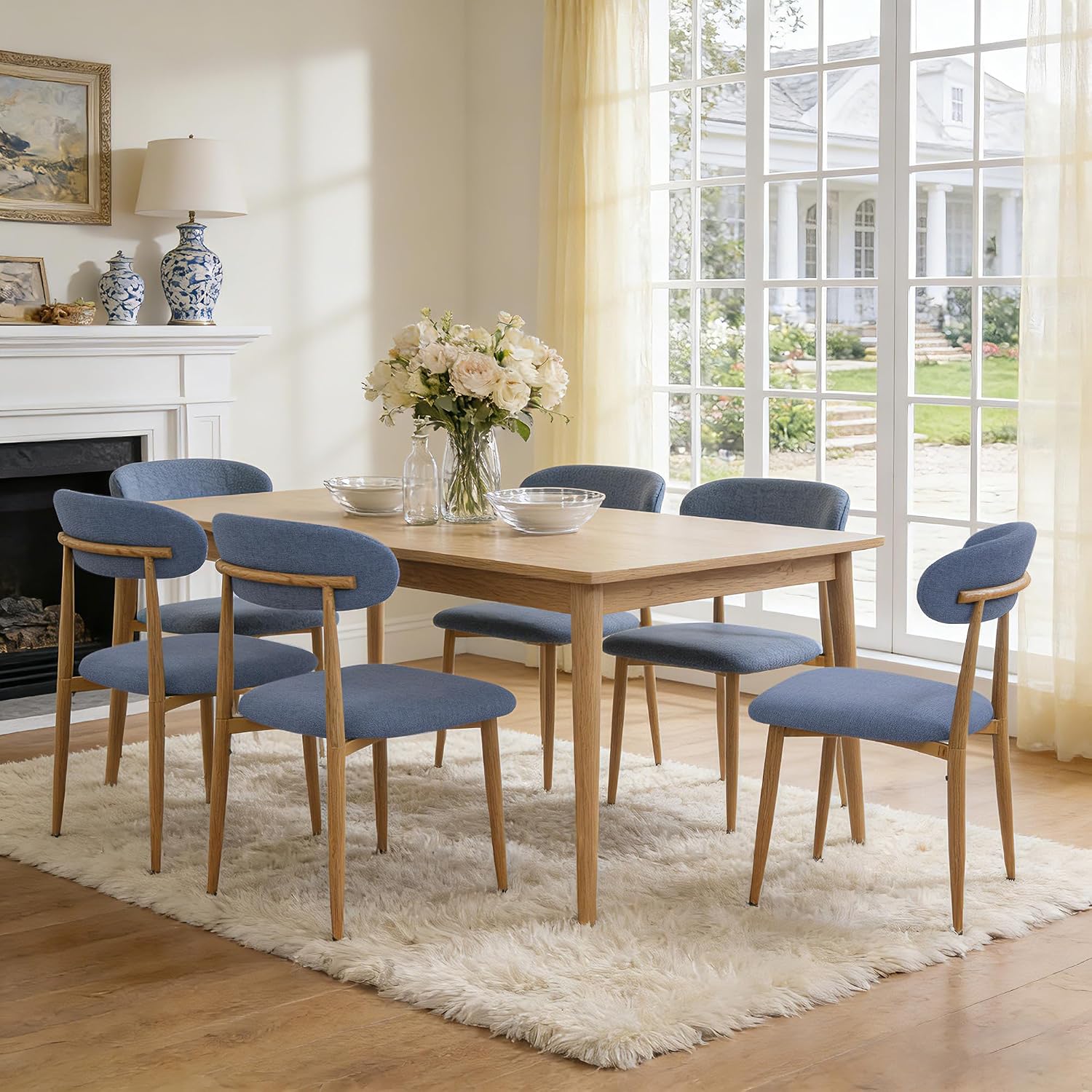 FREKEN Modern Upholstered Dining Chairs Set of 6, Mid-Century Metal Frame with Wood Grain, Linen Fabric Side Chair for Kitchen Dining Room, 350lbs Capacity, Blue