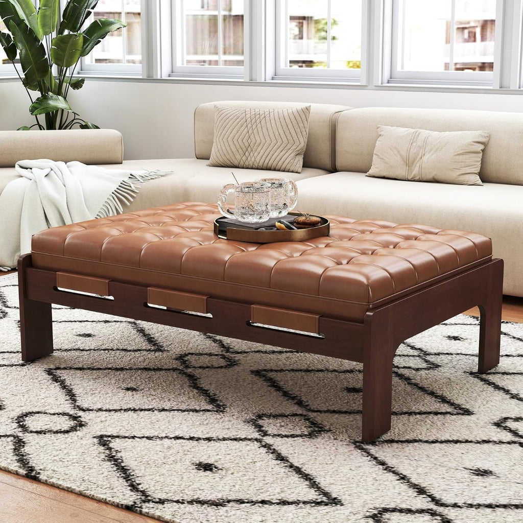 chairus 47.75" Large Rectangle Ottoman Coffee Table, Tufted Faux Leather Upholstered Living Room Coffee Table with Solid Wood Frame, Oversized Mid-Century Modern Footrest Ottoman, Brown PU