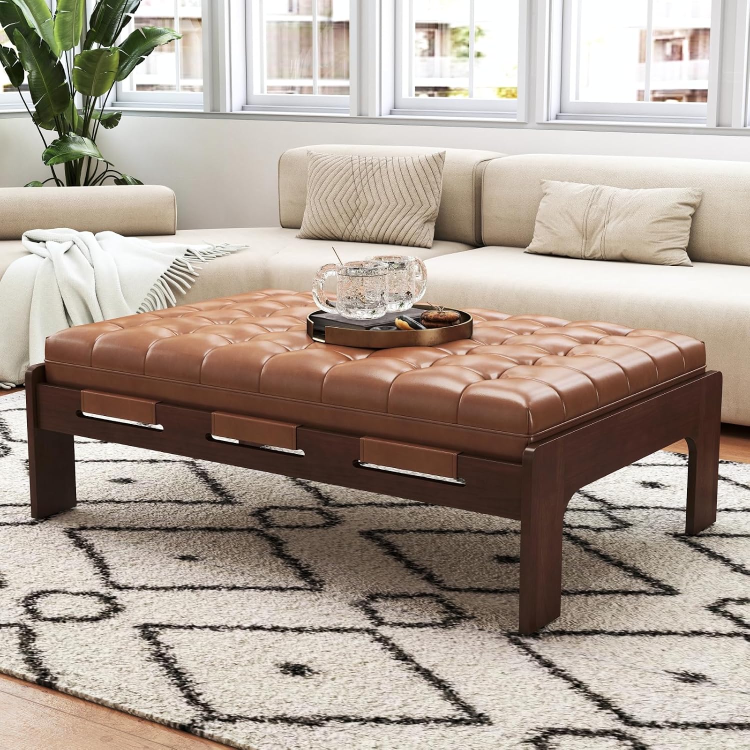 chairus 47.75" Large Rectangle Ottoman Coffee Table, Tufted Faux Leather Upholstered Living Room Coffee Table with Solid Wood Frame, Oversized Mid-Century Modern Footrest Ottoman, Brown PU