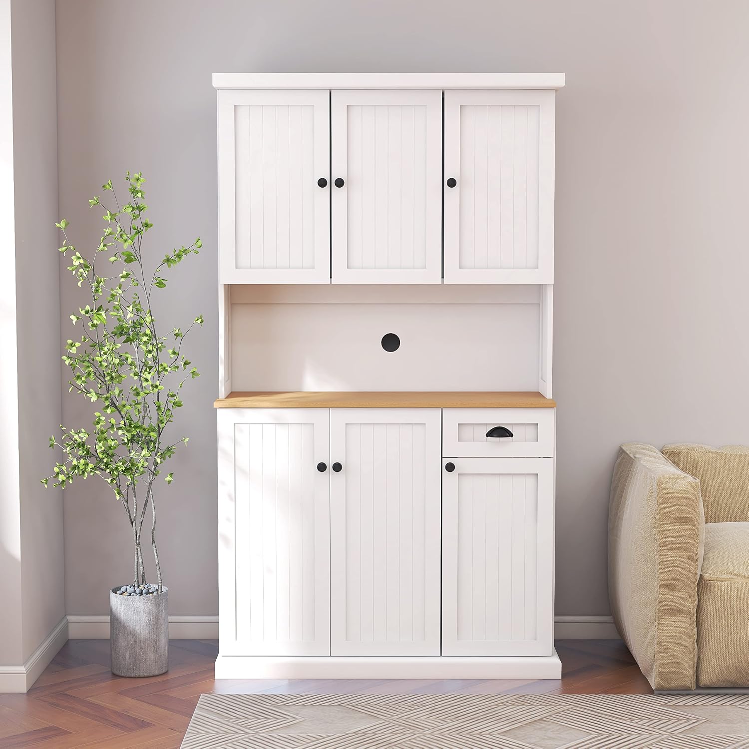 LUMISOL 71" Kitchen Pantry Storage Cabinet with Microwave Oven Countertop, Freestanding Hutch Cabinet with Adjustable Shelves, 6 Doors and 1 Drawer, White