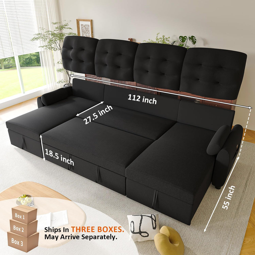 Ucloveria Sectional Sleeper Sofa Bed, 112" U-Shaped Sectional Couches for Living Room with Pull Out Bed, Oversize Couch Bed with Dual Reversible Storage Chaise | USB Charging | Side Pockets, Black