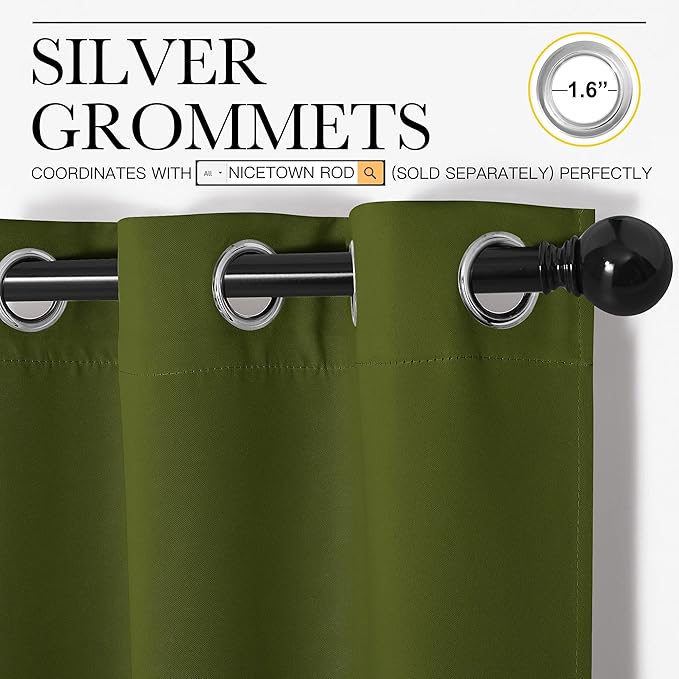 NICETOWN Christmas Bedroom Curtain Panels Blackout Draperies, Holiday Christmas Decor Thermal Insulated Solid Grommet Blackout Curtains/Drapes (One Pair, 34 by 45-inch, Olive Green)