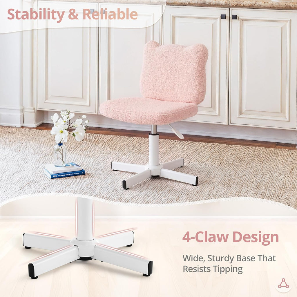 LUE BONA Upgraded Cute Bear Ear Vanity Chair for Teen Girls, Height Adjustable 13.8"-18.9" 360° Swivel Stool with Back Support, Stain Resistant Black Foot Caps, Teddy Velvet, 350lbs, Light Pink