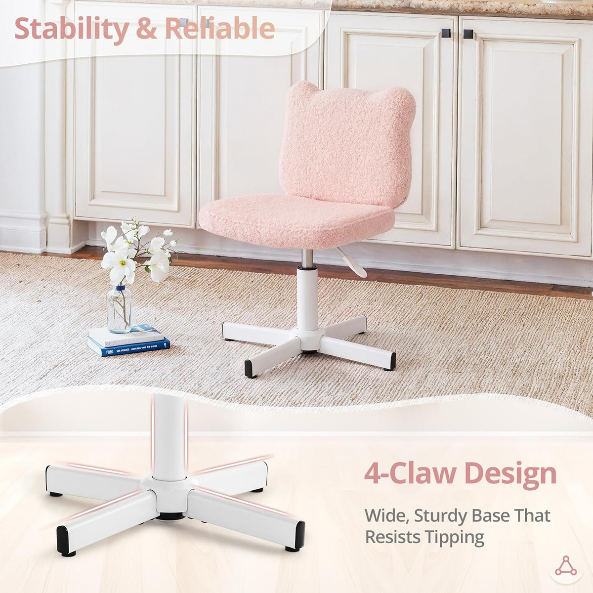 LUE BONA Upgraded Cute Bear Ear Vanity Chair for Teen Girls, Height Adjustable 13.8"-18.9" 360° Swivel Stool with Back Support, Stain Resistant Black Foot Caps, Teddy Velvet, 350lbs, Light Pink