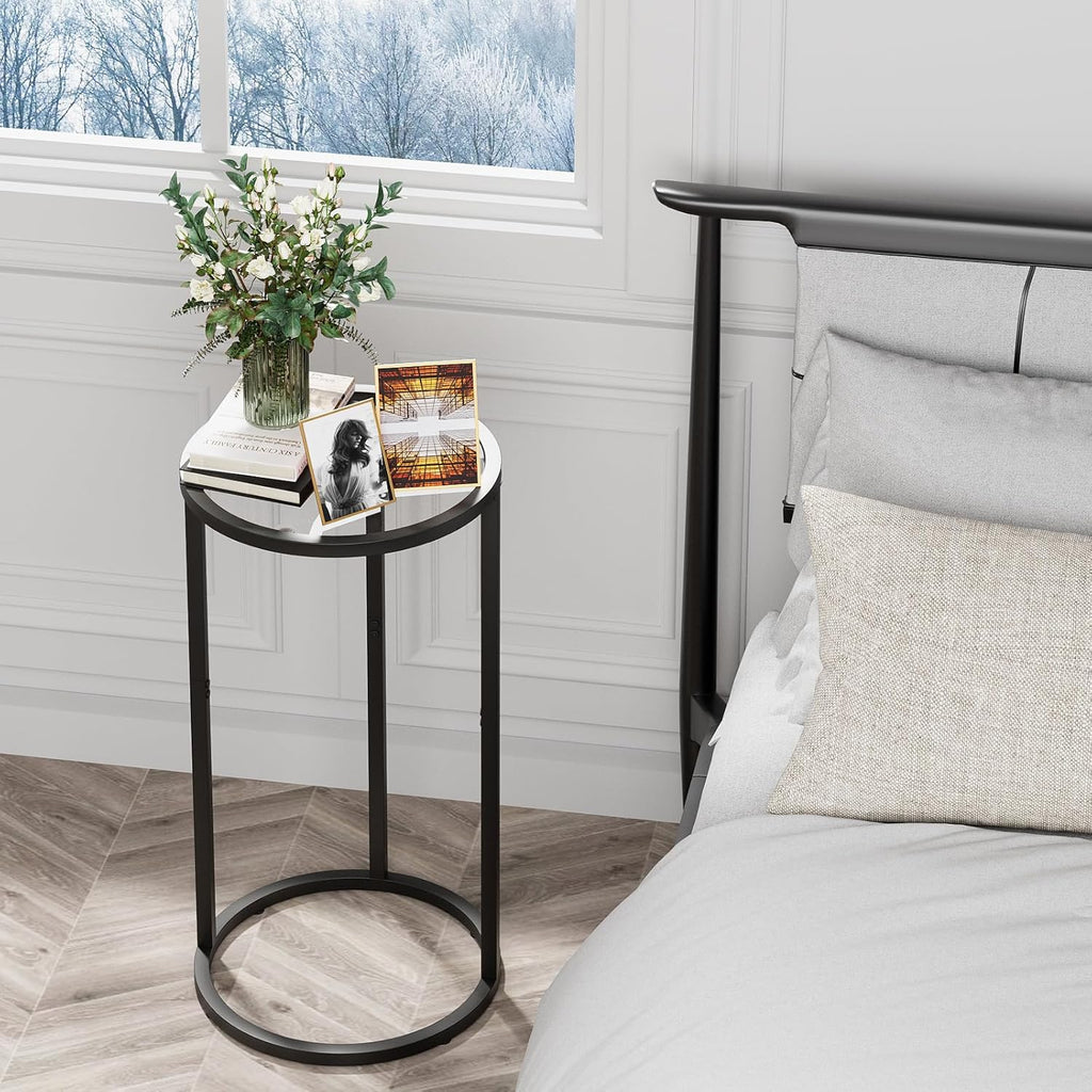 Easy Paws Round Side Table,Glass C Shaped Table,Couch End Table, Tempered Glass Snack Table with Metal Frame, Sofa Couch Bedside Table,TV Tray Table for Small Space(Black,2pcs)