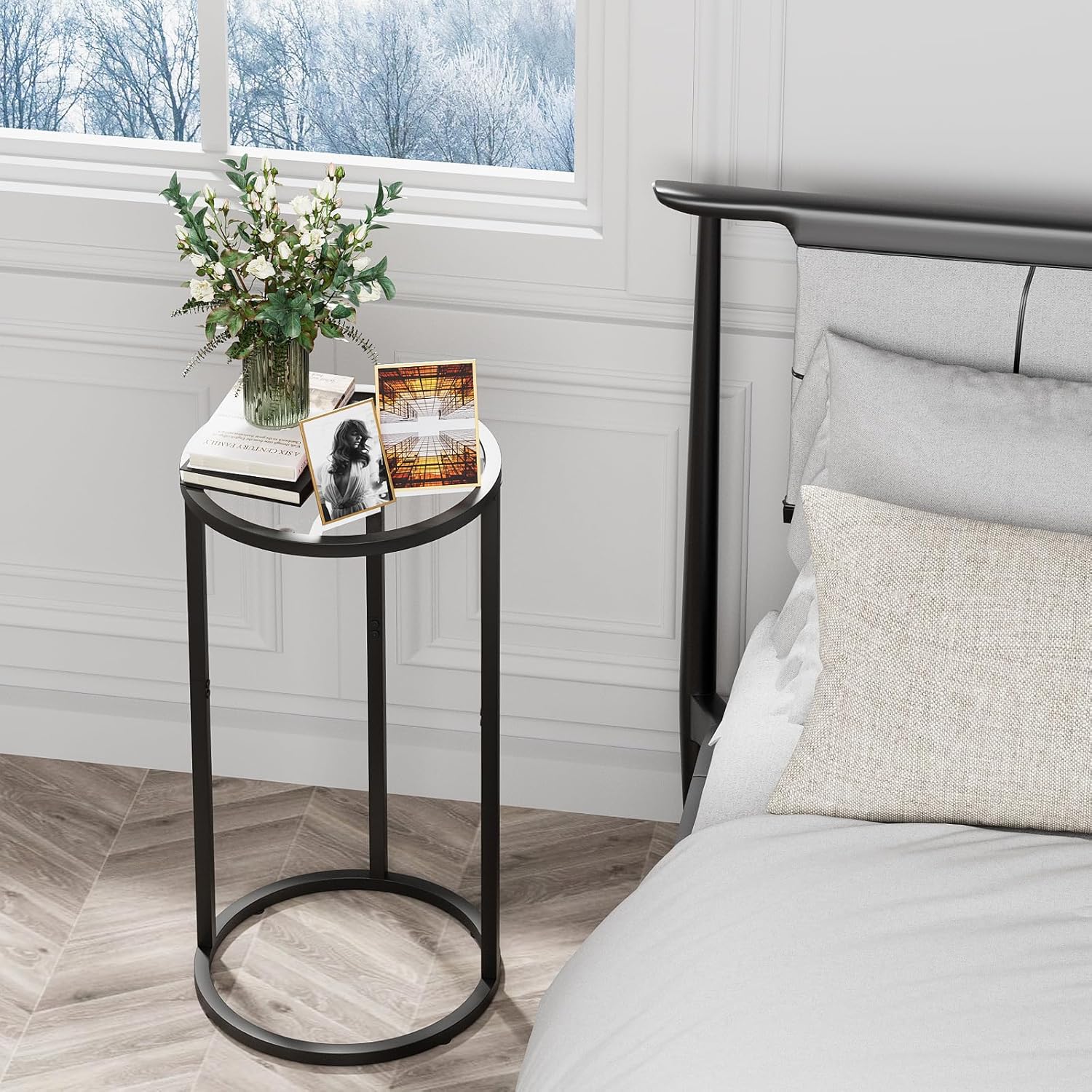 Easy Paws Round Side Table,Glass C Shaped Table,Couch End Table, Tempered Glass Snack Table with Metal Frame, Sofa Couch Bedside Table,TV Tray Table for Small Space(Black,2pcs)