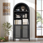 IDEALHOUSE Arched Kitchen Pantry Cabinet with Doors - 5-Tier Open Display Shelf with Rattan Decor, Farmhouse Storage Cabinet for Kitchen, Dining Room, Living Room, Black