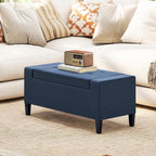 HOMCOM 36" Ottoman with Storage, Lift Top Rubberwood Legs 330 lb Dark Blue | Storage Ottoman Bench, Linen Upholstered Entryway Seat, Living Room, Bedroom