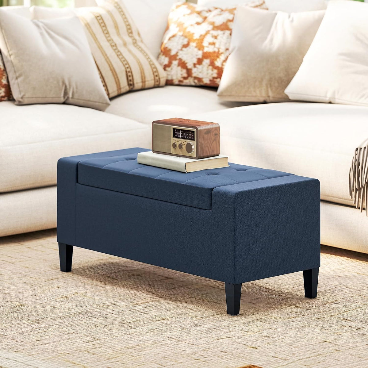 HOMCOM 36" Ottoman with Storage, Lift Top Rubberwood Legs 330 lb Dark Blue | Storage Ottoman Bench, Linen Upholstered Entryway Seat, Living Room, Bedroom