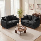 Loveseat Sofa Couch 2 Piece Set, Small Compact 50" Love Seat 27" Deep Cloud Sofa Set Washable Chenille Pillow Living Room Set for Apartment Office 50-Black-2+2