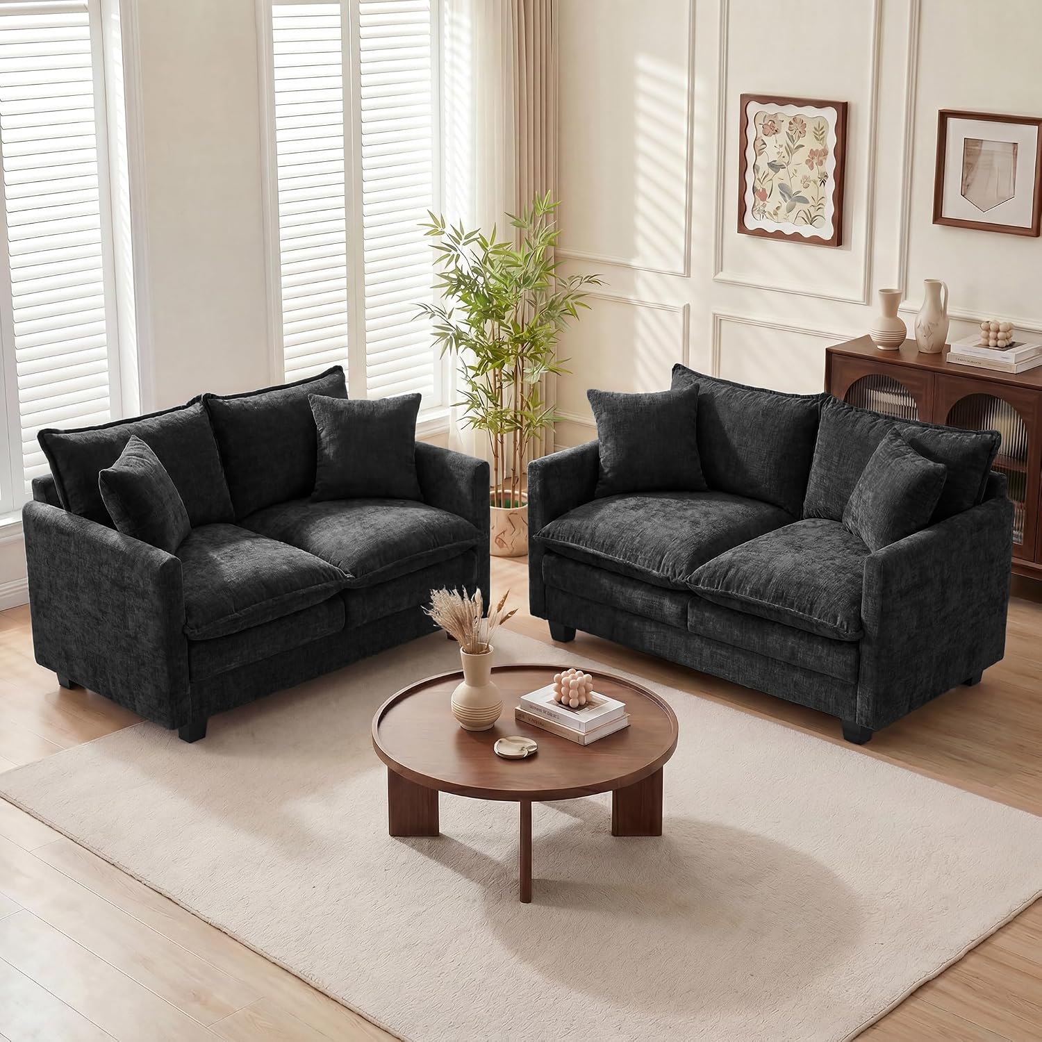 Loveseat Sofa Couch 2 Piece Set, Small Compact 50" Love Seat 27" Deep Cloud Sofa Set Washable Chenille Pillow Living Room Set for Apartment Office 50-Black-2+2