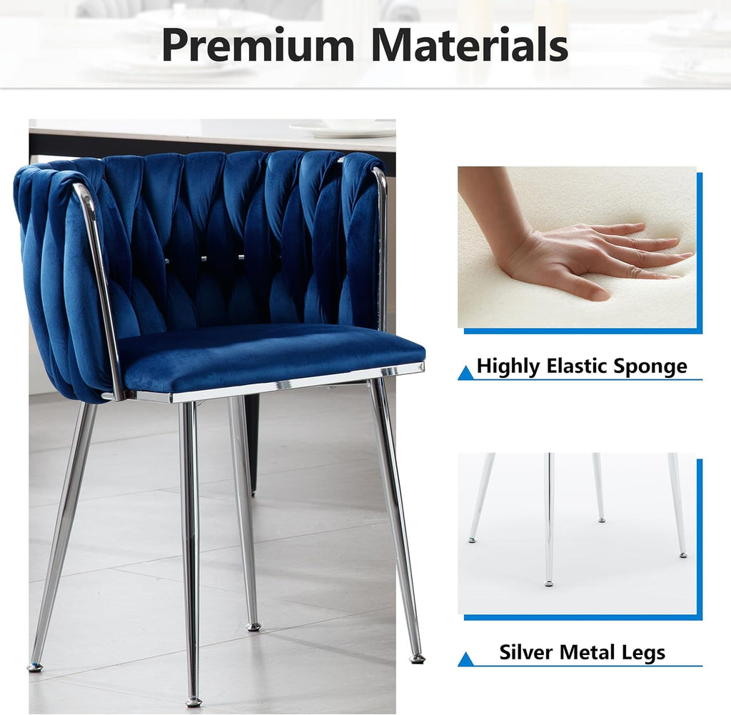 Velvet Dining Chairs Velvet Woven Upholstered Dining Room Chair Modern Armrest Lounge Chair with Metal Legs for Dining Kitchen Vanity Chair for Makeup Room (Navy+Sliver Leg, Set of 2)