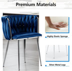 Velvet Dining Chairs Velvet Woven Upholstered Dining Room Chair Modern Armrest Lounge Chair with Metal Legs for Dining Kitchen Vanity Chair for Makeup Room (Navy+Sliver Leg, Set of 2)