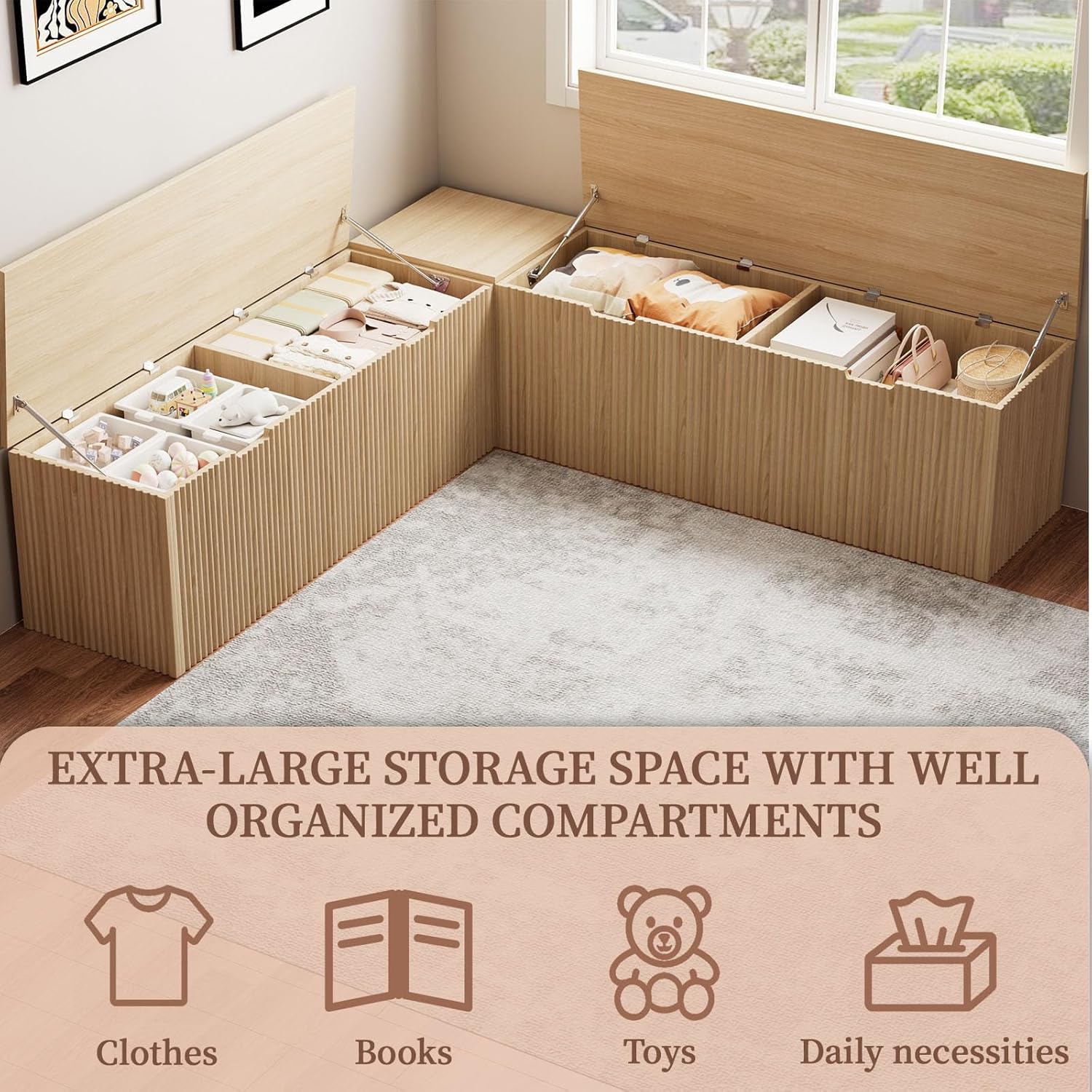 L Shaped Corner Dining Bench – Backless Breakfast Nook Bench with Hidden Storage, Space-Saving Kitchen Nook Bench for Dining Room, Entryway, or Apartment Use