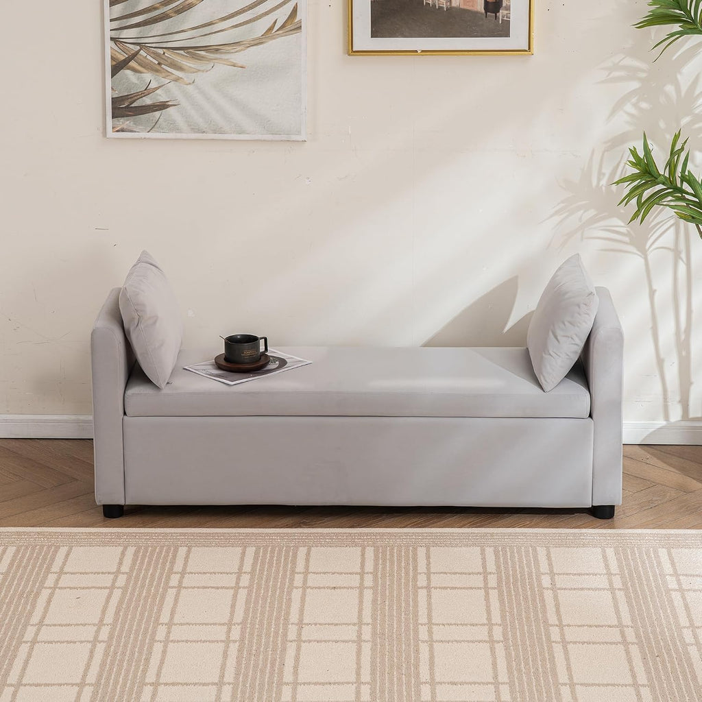 Storage Bench for Bedroom, 55" End of Bed Bench for King Size Bed, Modern Upholstered Long Ottoman Bench with Arms and 2 Pillows for Living Room/Entryway (Grey)